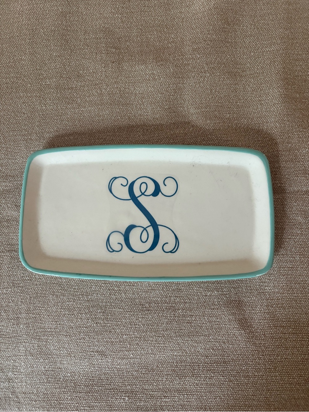 Monogram S Ceramic Trinket Tray in Teal and White